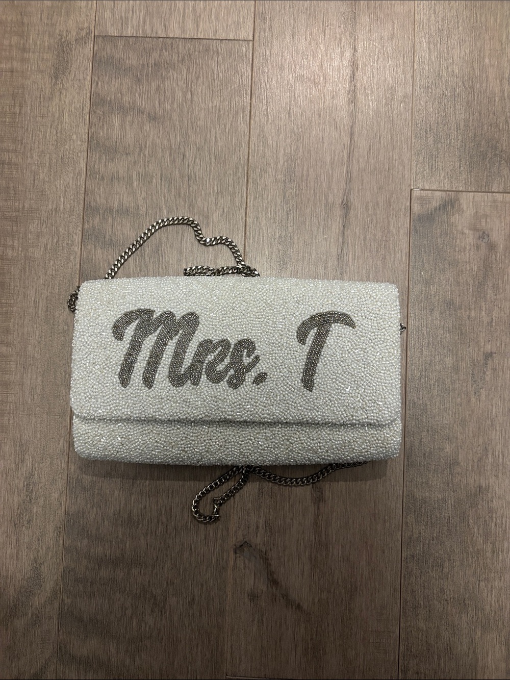 Mrs. T Embellished White Evening Clutch with Chain